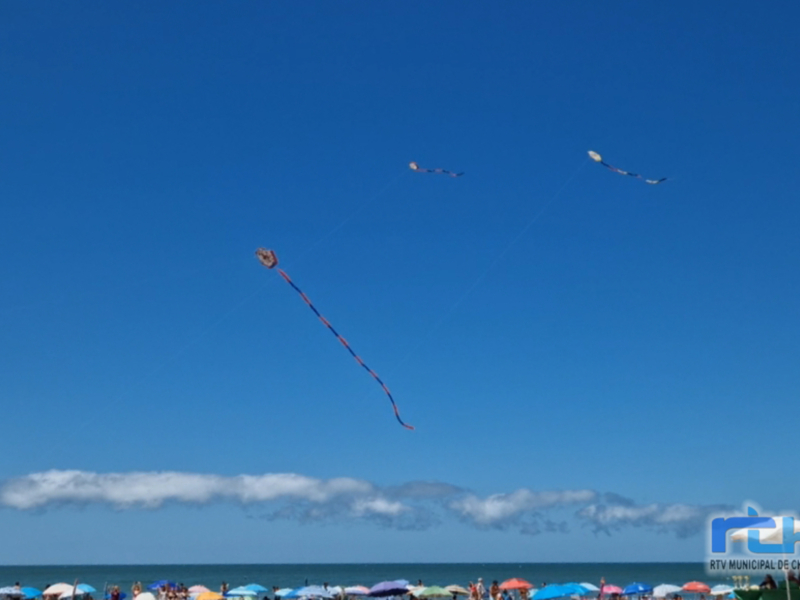 Kites flying high in the clear blue sky above a beach with people enjoying the sun and sea.