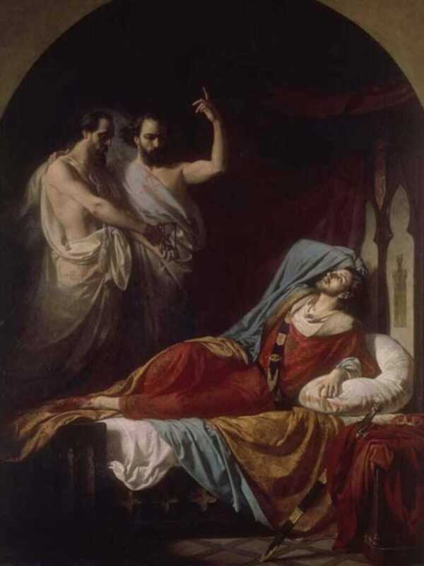 Pintura histórica que representa a una figura recostada en un lecho, rodeada por dos personajes que parecen estar en un acto dramático o profético.