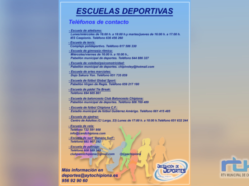 Contactos para las escuelas deportivas de Chipiona, incluyendo atletismo, tenis, gimnasia rítmica, baloncesto, fútbol, ajedrez, vela y paloma. Teléfonos y correos electrónicos proporcionados para cada escuela.