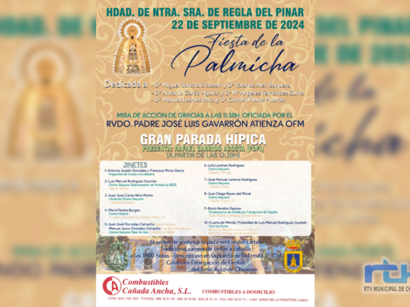 Fiesta de la Palmichacha en la Hermandad de Ntra. Sra. de Regla del Pinar, celebrada el 22 de septiembre de 2024. Incluye misa de acción de gracias, parada hípica y tradición de carreras de cintas a caballo.