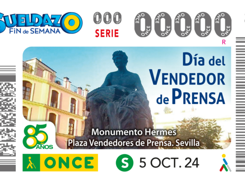 Monumento a Hermes en la Plaza de los Vendedores de Prensa, Sevilla, evento ONCE 85 años, 5 de octubre 2024.