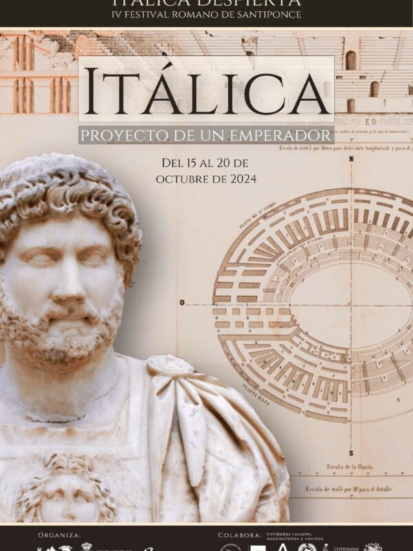 Afiche del IV Festival Romano de Santiponce, Itálica Despierta, del 15 al 20 de octubre de 2024, con una estatua romana y un plano del anfiteatro.