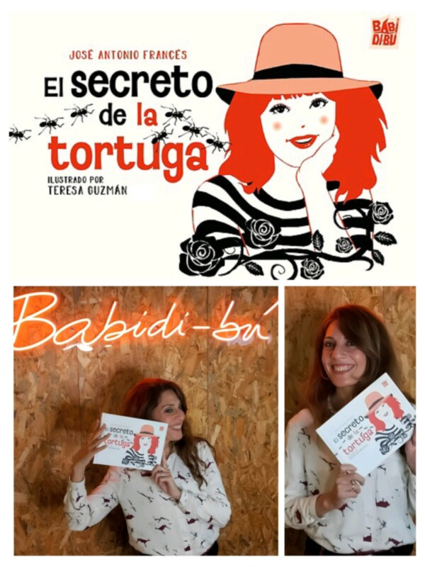 Portada del libro 'El secreto de la tortuga' ilustrado por Teresa Guzmán, con una ilustración de una mujer con sombrero y camisa a rayas, junto a una imagen de la autora con el libro en la mano.