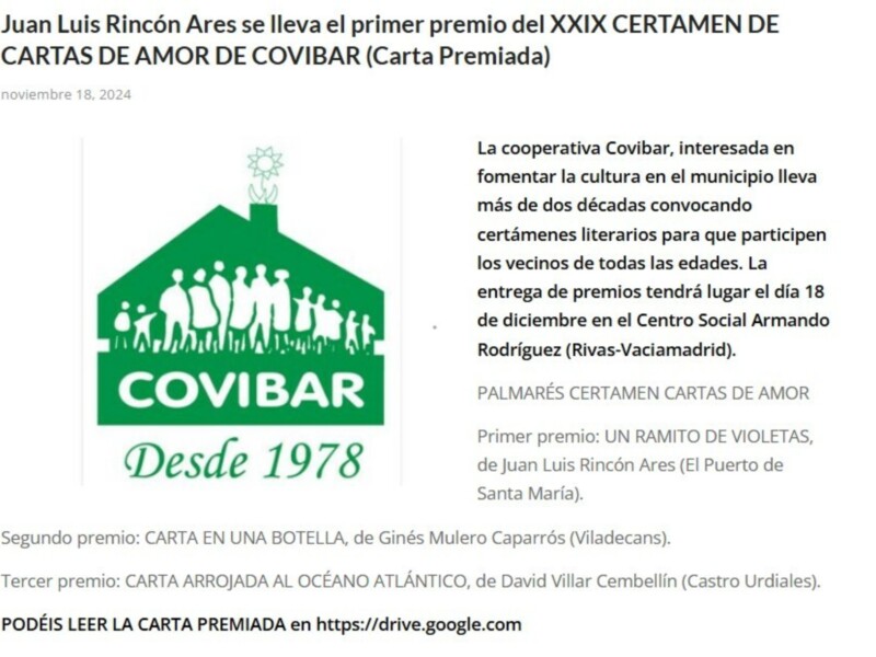 Premio al primer lugar en el XXIX Certamen de Cartas de Amor de Covibar, celebrado en 2024.