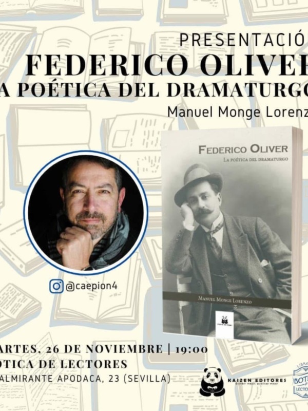 Presentación de 'La poética del dramaturgo' de Federico Oliver en Botica de Lectores, Sevilla, el 26 de noviembre a las 19:00.