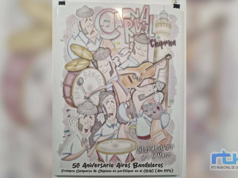 Cartel del Carnaval de Chipiona, conmemorando el 50 Aniversario de Aires Bandoleros, del 22 de febrero al 8 de marzo.