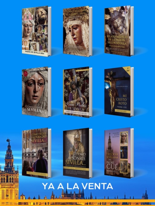 Colección de libros sobre la Semana Santa de Sevilla, incluyendo historias, teorías y pasajes de la Pasión de Cristo, presentados en una presentación visual con imágenes de los libros y la Catedral de Sevilla.