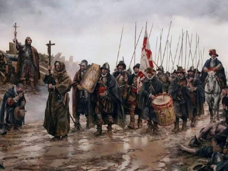 Un grupo de soldados y monjes marcha con banderas y instrumentos, reflejando una escena histórica de guerra o procesión.