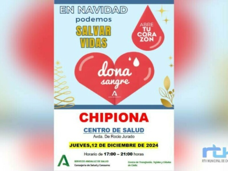 Convocatoria de donación de sangre en Chipiona para Navidad, 12 de diciembre de 2024, de 17:00 a 21:00 horas en el Centro de Salud.