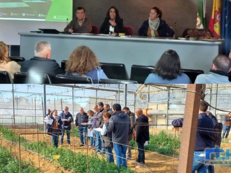 Presentación y visita guiada en una finca agrícola, con participantes y expertos en el panel.