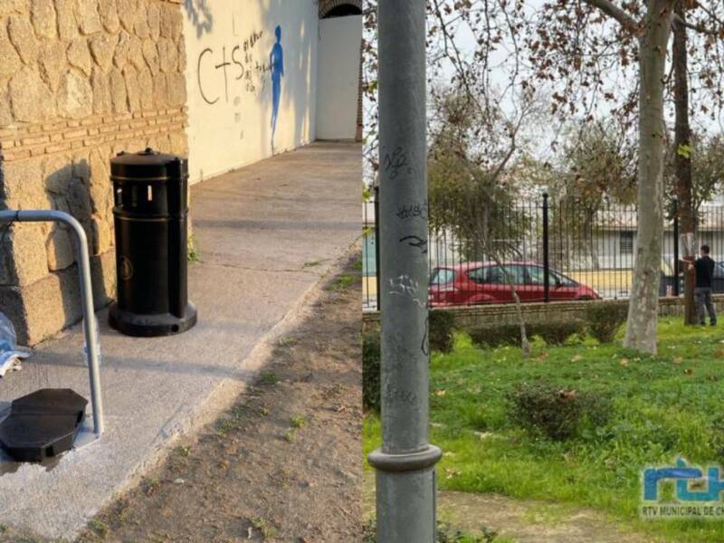 Área urbana con contenedor de basura, pared con grafiti y árboles en el fondo.