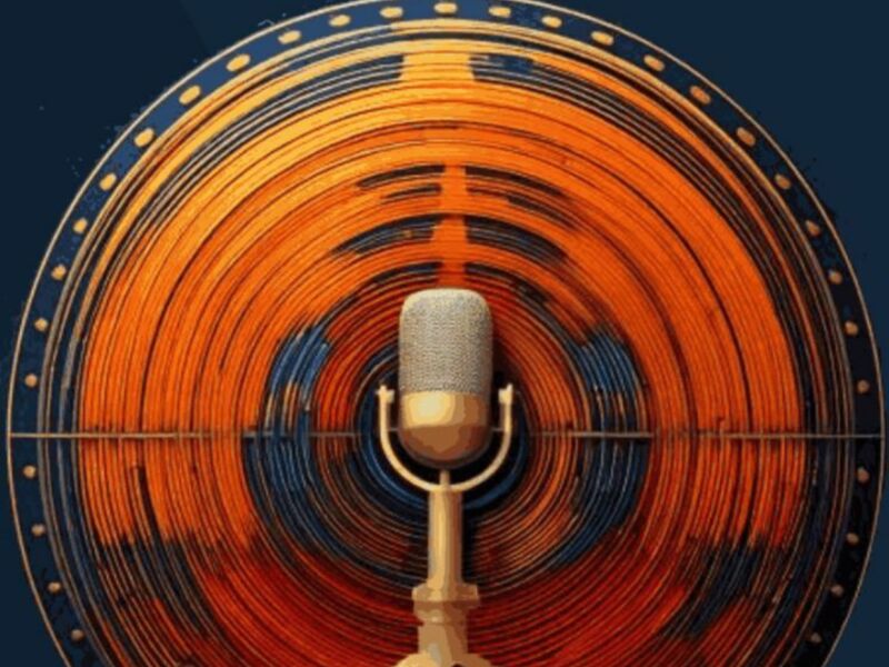 Celebración del 40º aniversario de Radio Chipiona con un diseño retro de micrófono y ondas sonoras.
