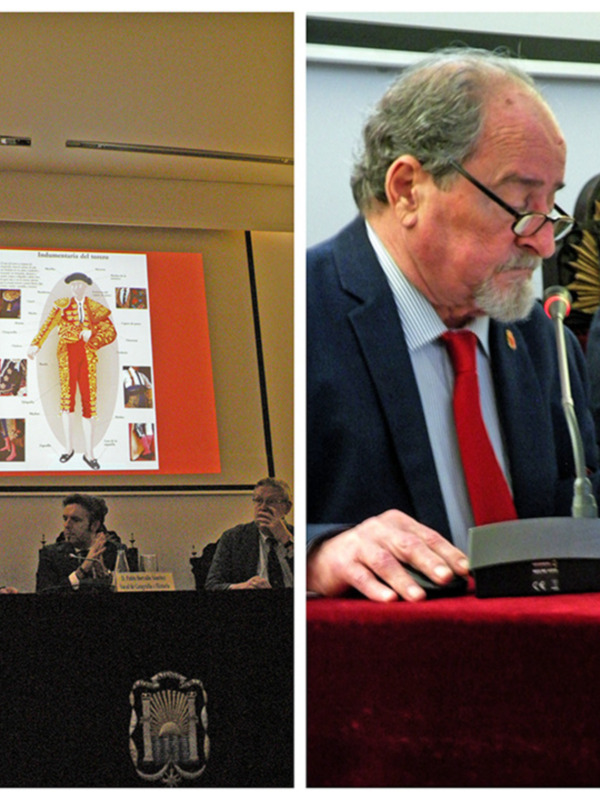 Presentación de trajes de torero y panel de expertos en evento.