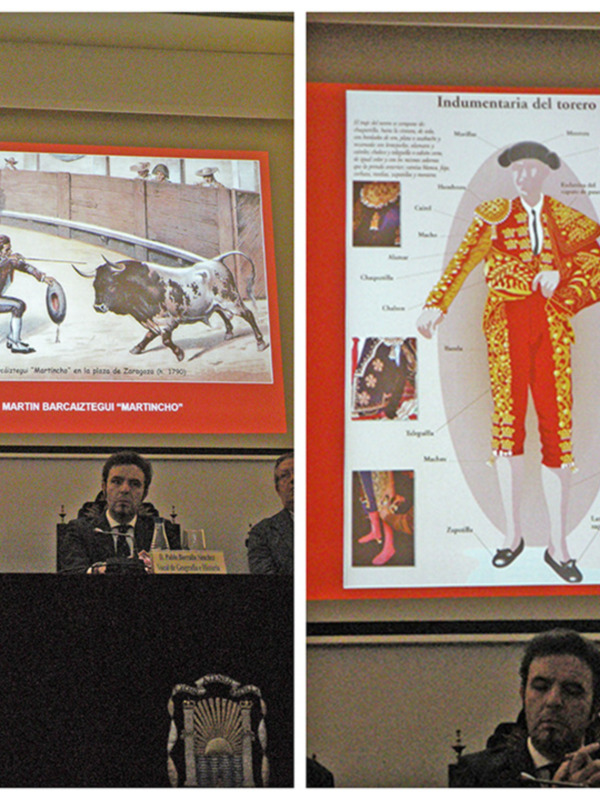 Presentación sobre la indumentaria del torero, con imágenes de Martin Barcaitezgui y una ilustración detallada de su traje tradicional.