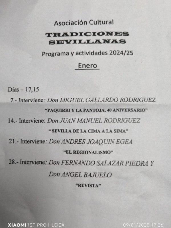 Programa y actividades de la Asociación Cultural Cultural para el mes de enero 2024/25, destacando eventos como 'Paquirri y la Pantoja, 40 Aniversario' y 'El Regionalismo'.