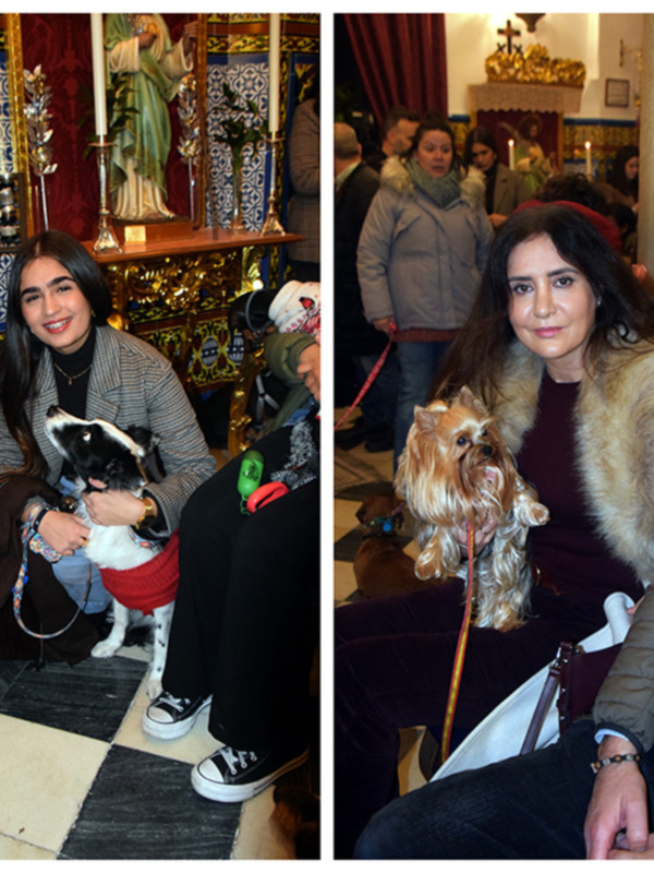 Dos personas con sus perros en un ambiente festivo, posiblemente una iglesia, con adornos religiosos y una decoración navideña.