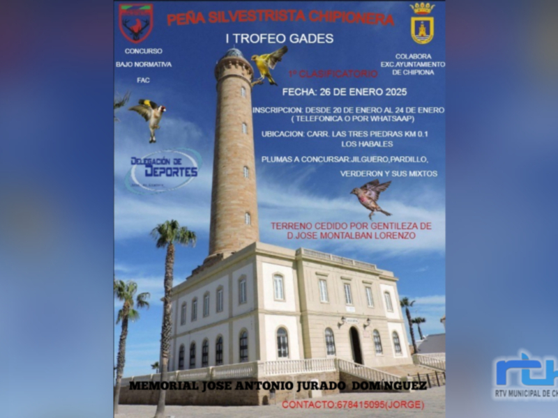 Afiche del I Trofeo Gades en Chipiona, con el Faro de Chipiona como fondo y detalles sobre el concurso y su ubicación.