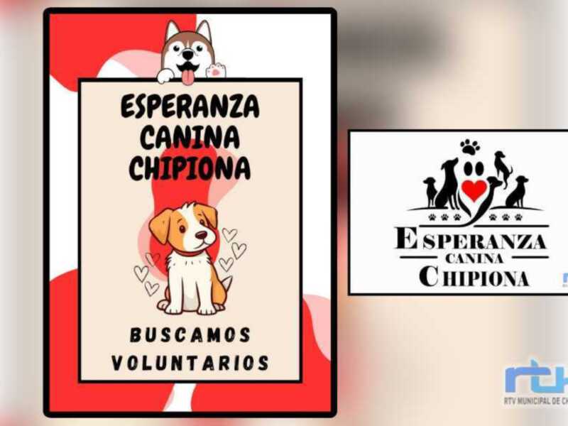 Cartel de la asociación 'Esperanza Canina Chipiona' buscando voluntarios para animales de compañía.