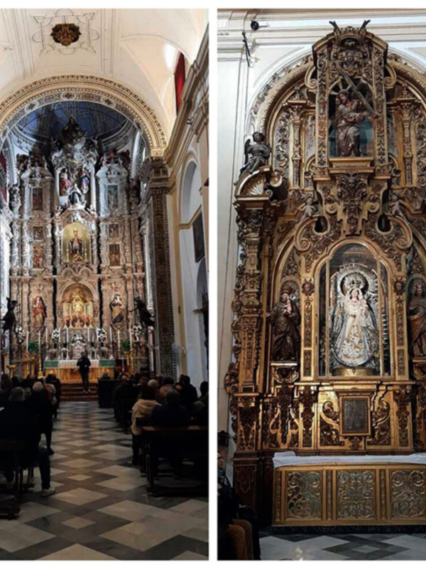 Interior de una iglesia con altares ornamentados y un retablo barroco, con personas asistiendo a una ceremonia religiosa.