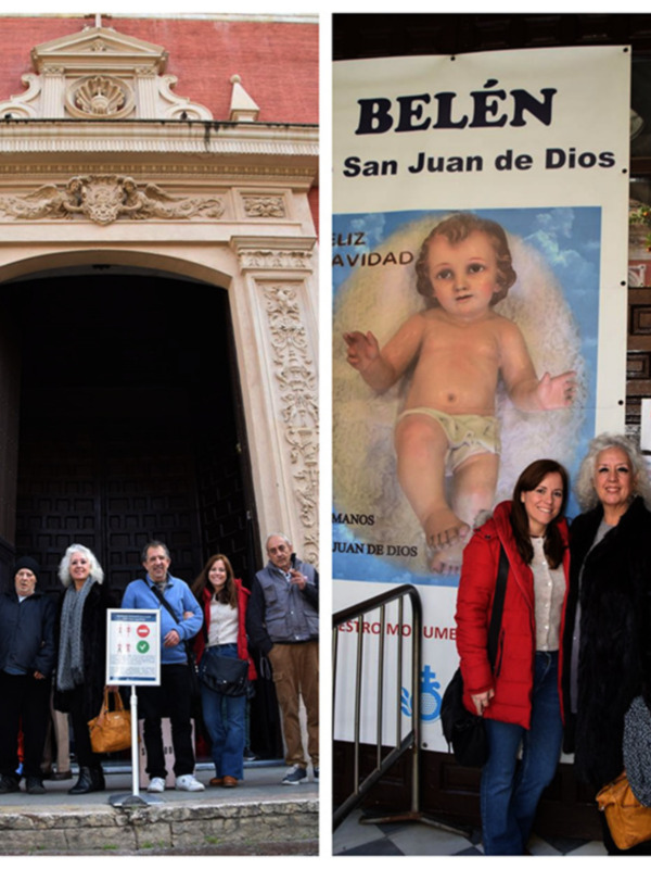 Grupo de personas frente a la iglesia San Juan de Dios en la ciudad de Belén, Argentina. En la imagen右侧，可以看到一个海报，上面有一个婴儿的图像。