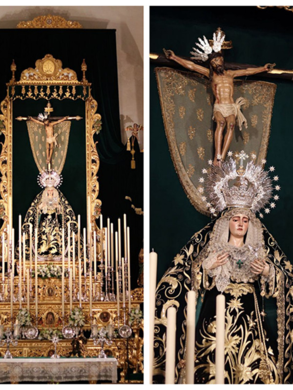 Veneración de la Virgen de la Soledad y el Cristo de la Buena Muerte en una procesión de Semana Santa.