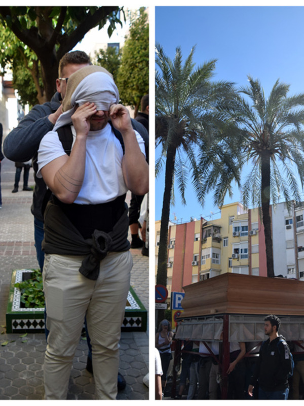 Dos imágenes de una calle con palmeras y edificios, uno de ellas muestra a una persona cubriendo su rostro con una toalla.