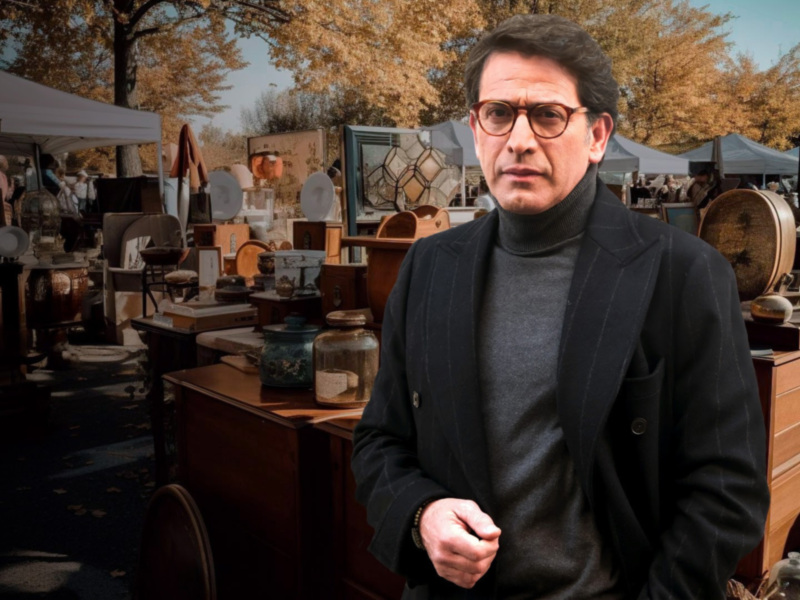 Hombre en un mercado de antigüedades, rodeado de muebles y objetos antiguos.