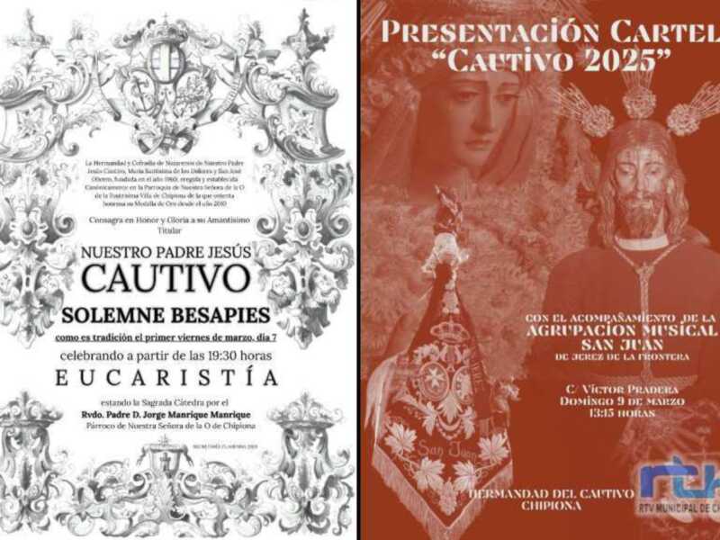 Cartel anunciando la presentación del cartel de la procesión de Jesús Cautivo en Chipiona, celebrada el 7 de marzo de 2025.