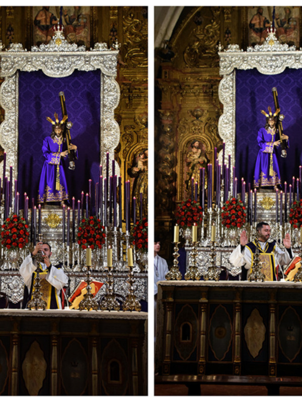 Procesión religiosa con sacerdotes y estatua procesional en un altar ornado con candelabros y flores.