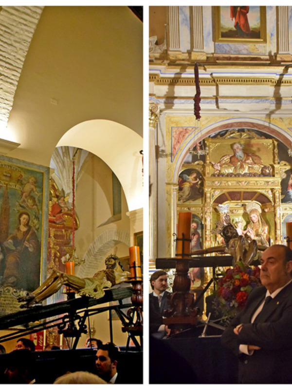 Interior de una iglesia con altares ornamentados y personas en actitud de oración.