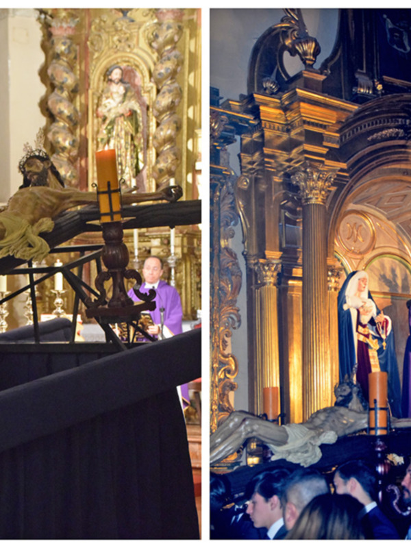 Procesión religiosa en una iglesia con imágenes de santos y fieles en trajes de luto.