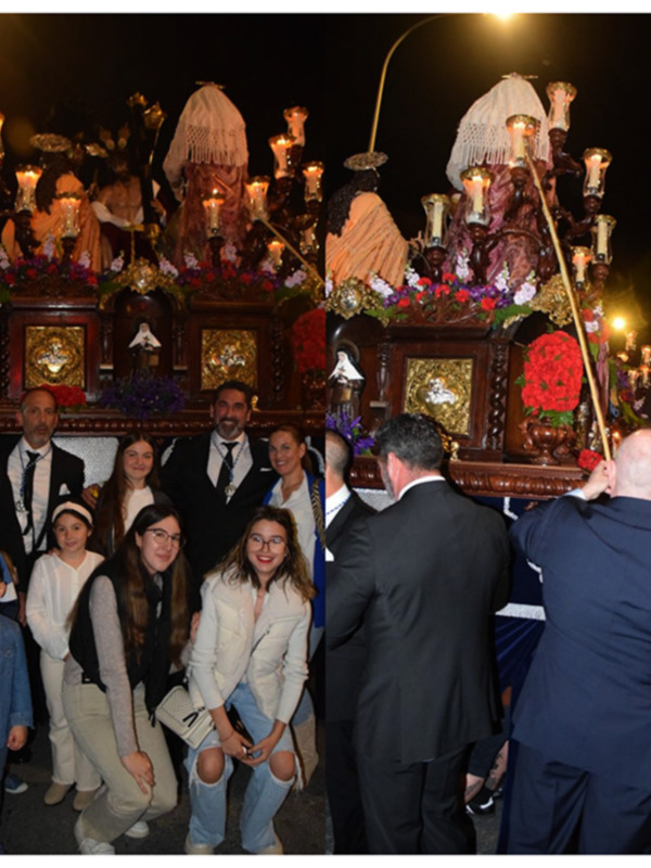 Fiesta religiosa nocturna con procesión y personas participando en la celebración.