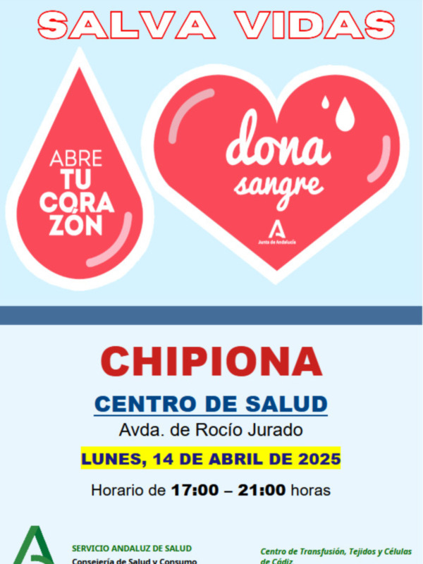 Convocatoria de donación de sangre en Chipiona, 14 de abril de 2025, de 17:00 a 21:00 horas en el Centro de Salud de Chipiona.