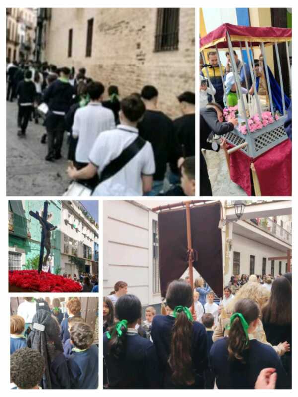 Procesión religiosa con imágenes de personas portando estandartes y cruces en una calle urbana.