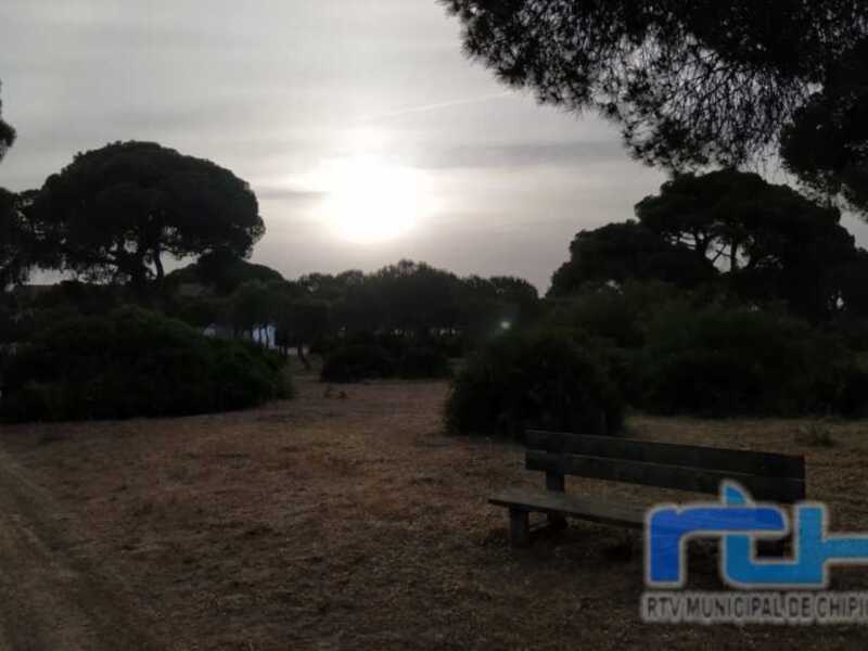 Puesta de sol en un parque con bancos y árboles, en Chipiona.