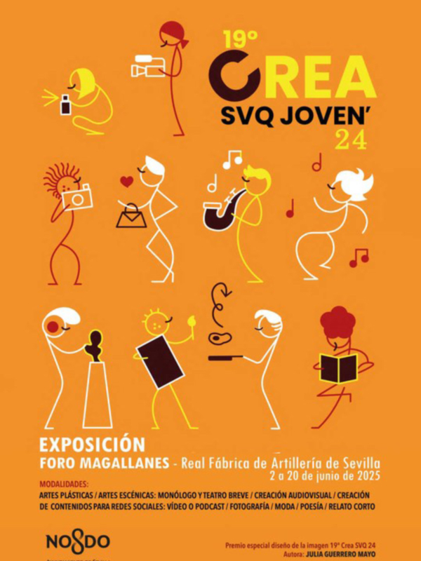 Cartel de la exposición '19° CREA SVQ JOVEN' en el Foro Magallanes, del 2 al 20 de junio de 2025. Modalidades: arte escénico, audiovisual, fotografía, moda, poesía, relato corto.