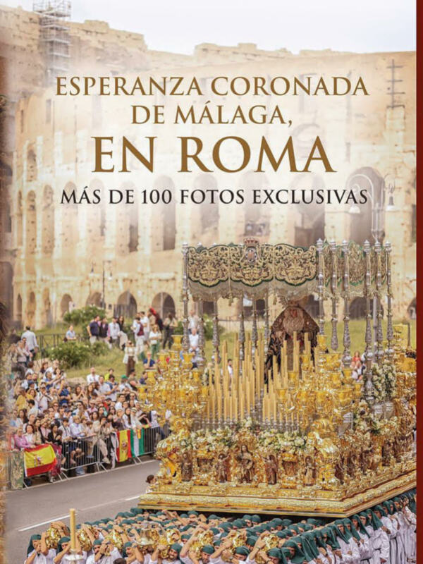 Esperanza Coronada en Málaga, con más de 100 fotos exclusivas, mostrando la procesión con el trono dorado y el público alrededor.