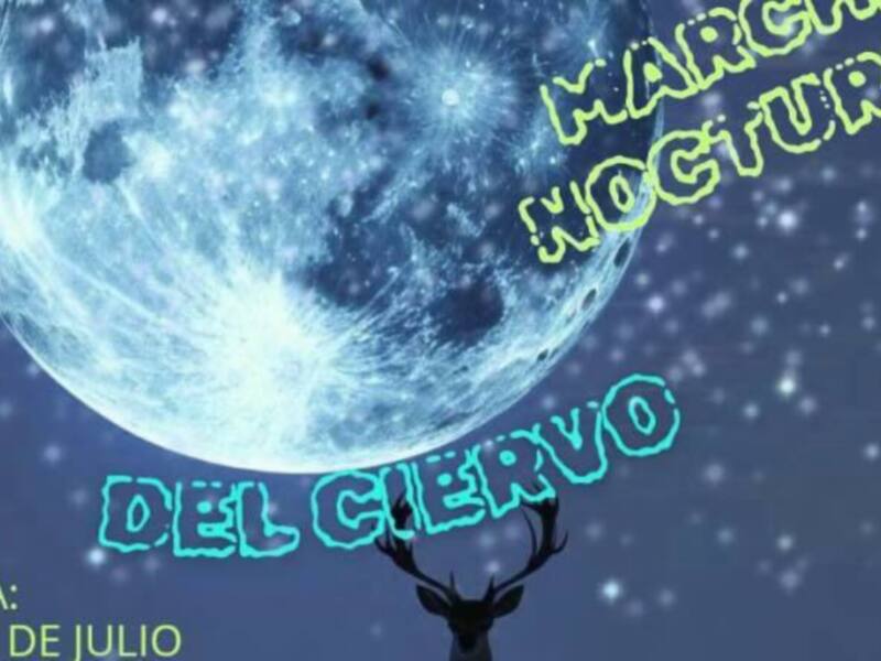 Cartel anunciando 'Marcha Nocturna del Cervo' con luna y ciervo, fecha 10 de julio.