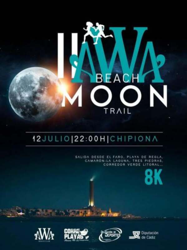 Cartel promocional del II AWA Beach Trail, que se celebrará el 12 de julio a las 22:00h en Chipiona. La salida será desde el Faro Playa de Regla, con recorrido por Camarón-La Laguna, Tres Piedras y Corredor Verde Litoral.