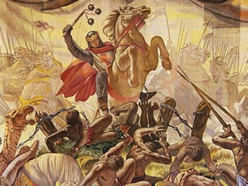 Ilustración de un caballero medieval en acción, con un escudo y una espada, en medio de una batalla con caballos y guerreros en el fondo.