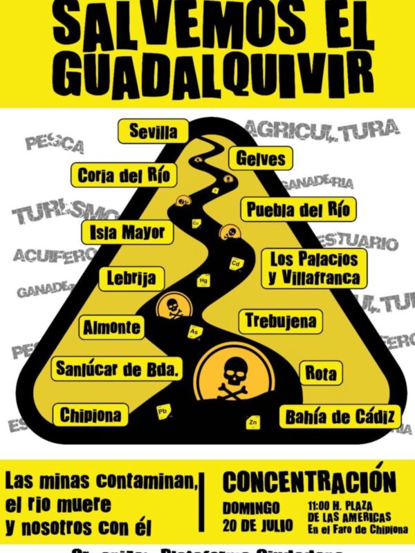 Mapa de contaminación en la región de Cádiz, con áreas marcadas por contaminantes como el mercurio, el cianuro, el arsénico y el plomo. Evento de concentración el 20 de julio en el Faro de Chipiona.