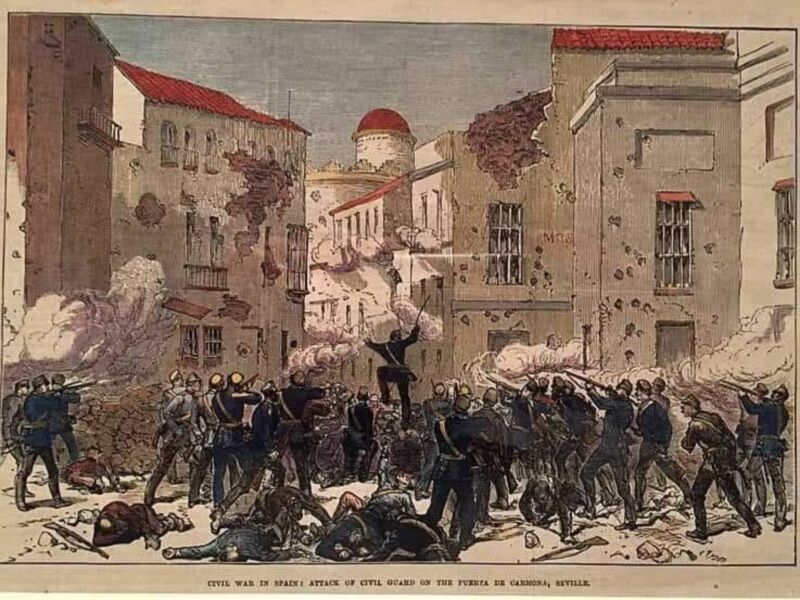 Ilustración histórica que muestra una escena de la Guerra Civil Española, donde tropas civiles atacan a la Guardia Civil en la Puerta de Carmona, Sevilla.
