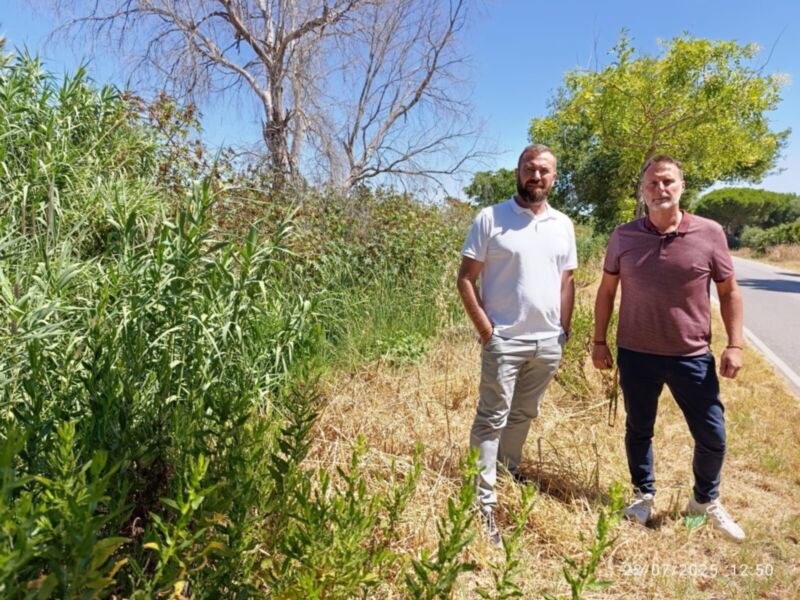 Dos personas posan en un camino rural, rodeadas de vegetación y un árbol en el fondo, bajo un cielo azul claro.