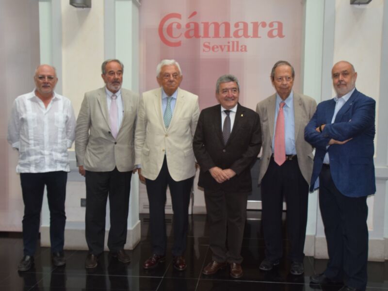 Grupo de personas en una reunión formal, posando frente a un fondo con la palabra 'Cámara' en rojo y 'Sevilla' en azul.