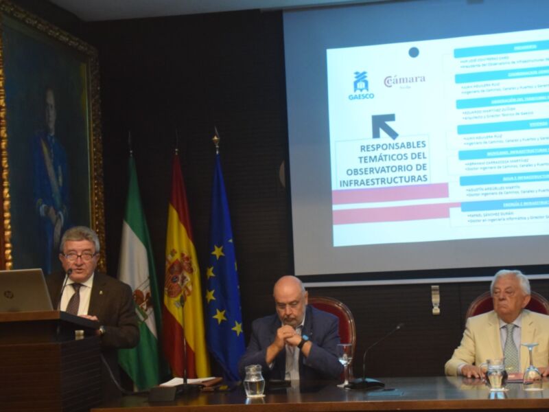 Presentación en el Observatorio de Infraestructuras de la Cámara de Comercio de Sevilla, con el lema 'Responsables Temáticos de Infraestructuras' en la pantalla.