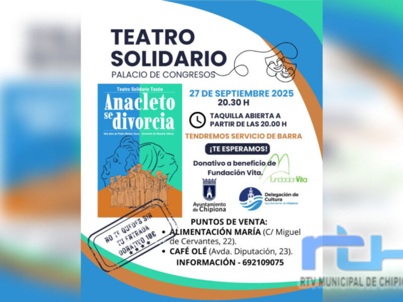 Teatro Solidario en el Palacio de Congresos, evento sobre divorcio con donativo a Fundación Víta. Puntos de venta: Alimentación María y CAFE OLE, información al 69210075.