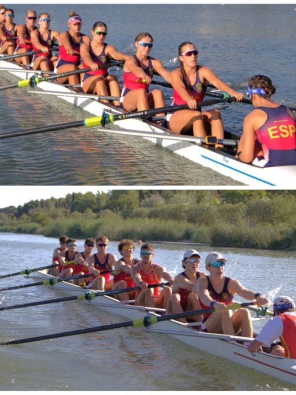 Equipo femenino de remo compitiendo en dos imágenes diferentes, una con el equipo español y otra con un equipo diversificado.