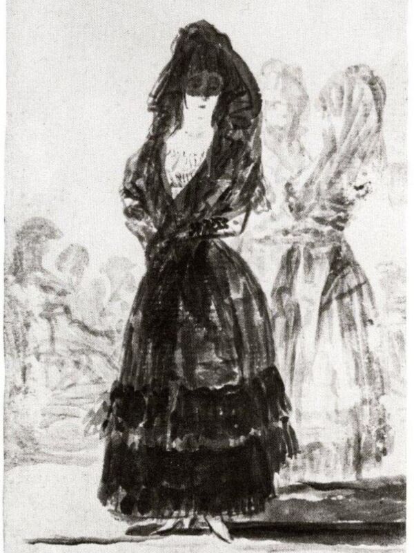 Dibujo de una mujer con vestido oscuro y falda larga, posiblemente del siglo XIX.