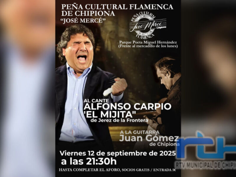 Concierto de Peña Cultural Flamenca de Chipiona con José Mercé y Alfonso Carpio. Evento en el Parque Poeta Miguel Hernández, Jerez de la Frontera, el viernes 12 de septiembre de 2025 a las 21:30h. Entrada gratuita hasta completar el aforo, socios gratuitos.