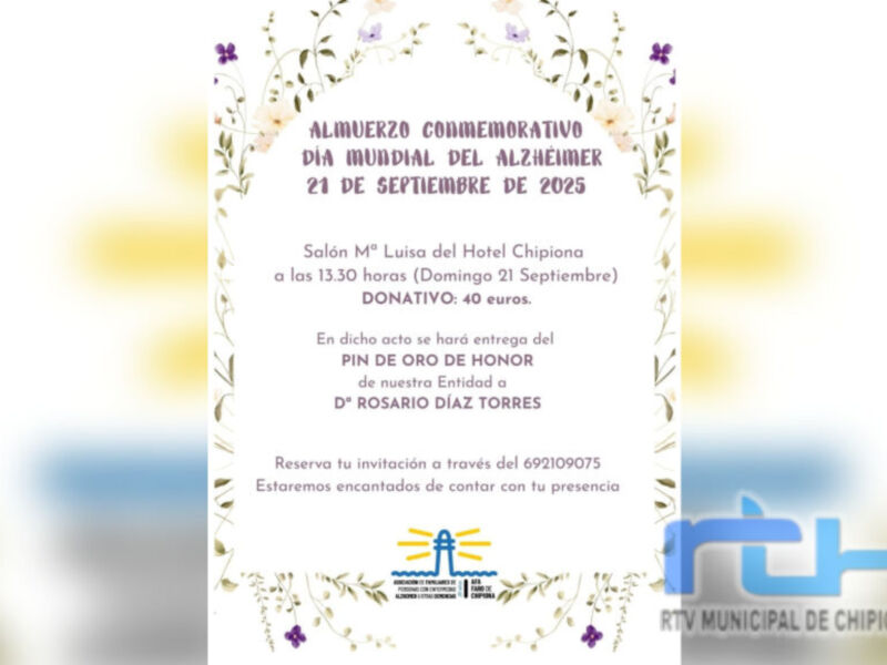 Invitación al Almuerzo Conmemorativo del Día Mundial del Alzheimer en el Hotel Chipiona, con detalles sobre la fecha y hora.